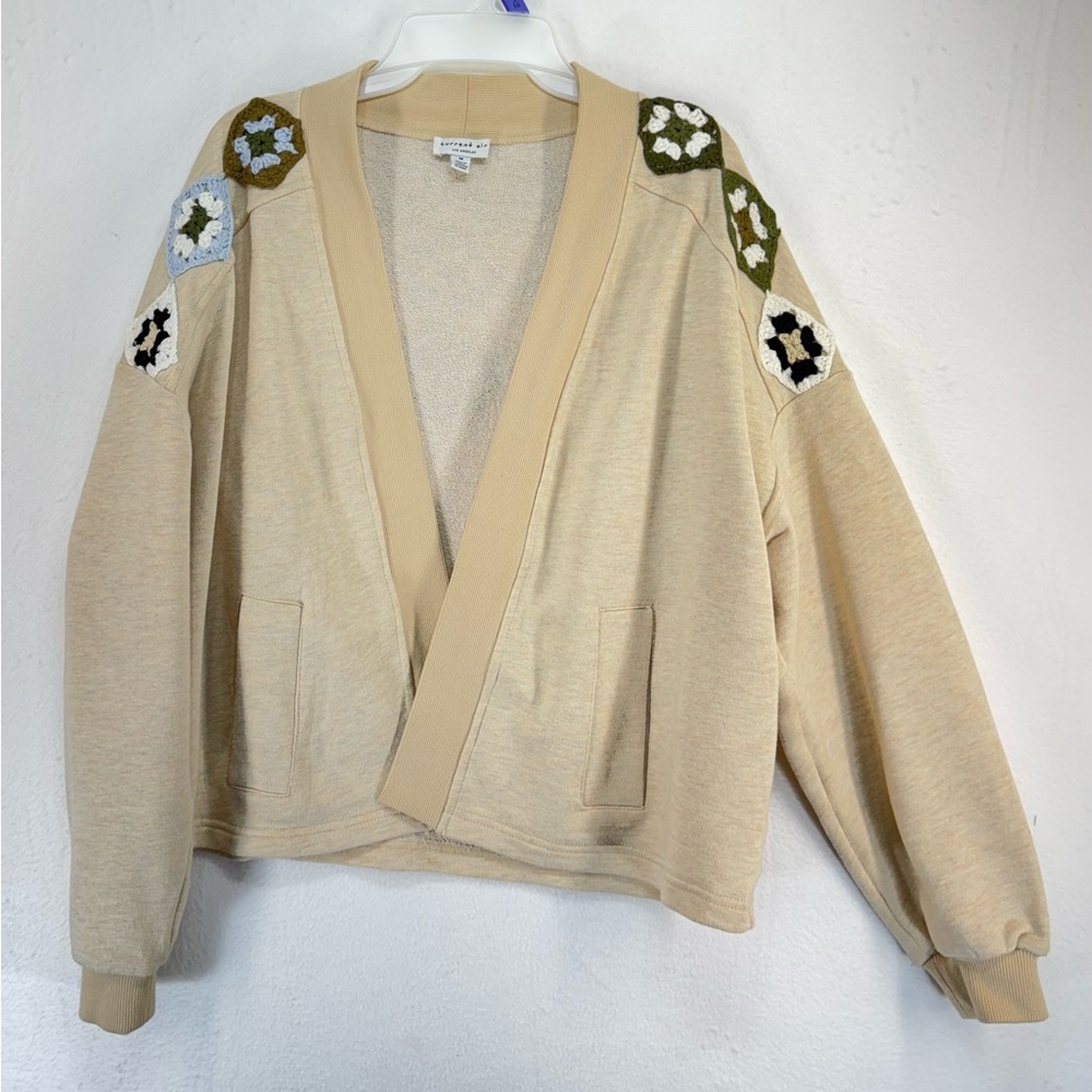 Current Air Women’s Embroidered Crochet Sweater Patch Open Cardigan Size M
